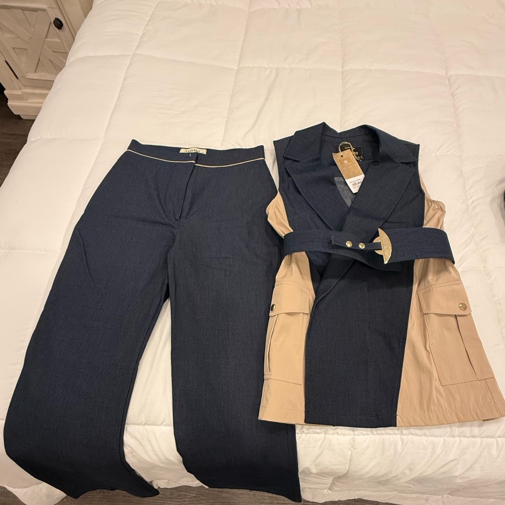 Two-Tone Navy and Beige Tailored Vest with Navy Wide-Leg Pants